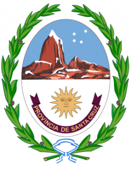 Escudo de la provincia de Santa Cruz En el escudo se ve un ovalo vertical rodeado de laureles que cotiene el dibujo de un sol y de unos cerros nevados junto al nombre de la provincia de Santa Cruz