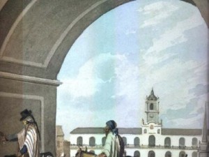 Hombres a caballo en la Recova de Buenos Aires, con fondo de vista del Cabildo