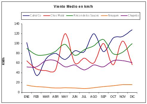 Viento medio a lo largo del año en diversas localidades neuquinas