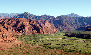 Valle del río Calchaquí, tras el cual se alza una cadena de cerros de colores rosáceos