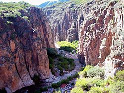 Cañón rocoso de colores rosados, en cuyo fondo corre el río MIranda