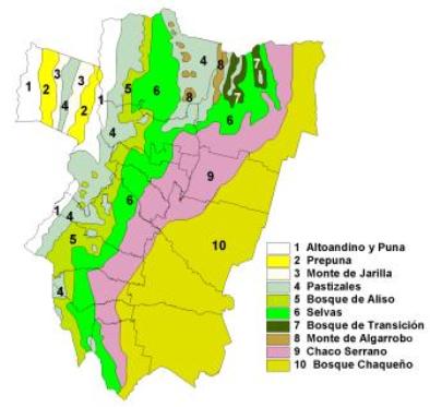 bioma tucumán 04 Mapa que muestra con distintos colores las subregiones fitogeográficas de las distintas ecorregiones de la provincia