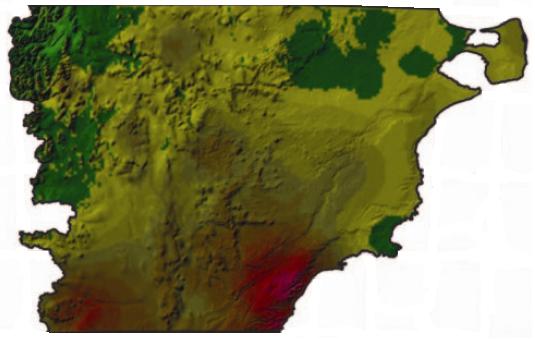 Mapa que indica la velocidad media anual de los vientos en la provincia de Chubut