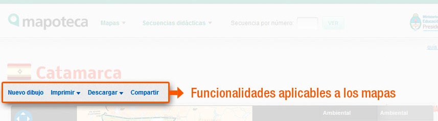 Funcionalidades aplicables a los mapas: Nuevo dibujo, Imprimir, Descargar, Compartir