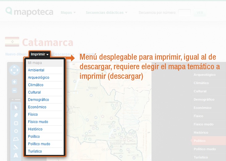 Menú desplegable para imprimir, permite seleccionar el mapa temático a imprimir, funciona igual que el menú para descargar
