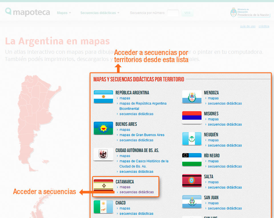 Lista de territorios y banderas con enlaces para acceder a las secuencias